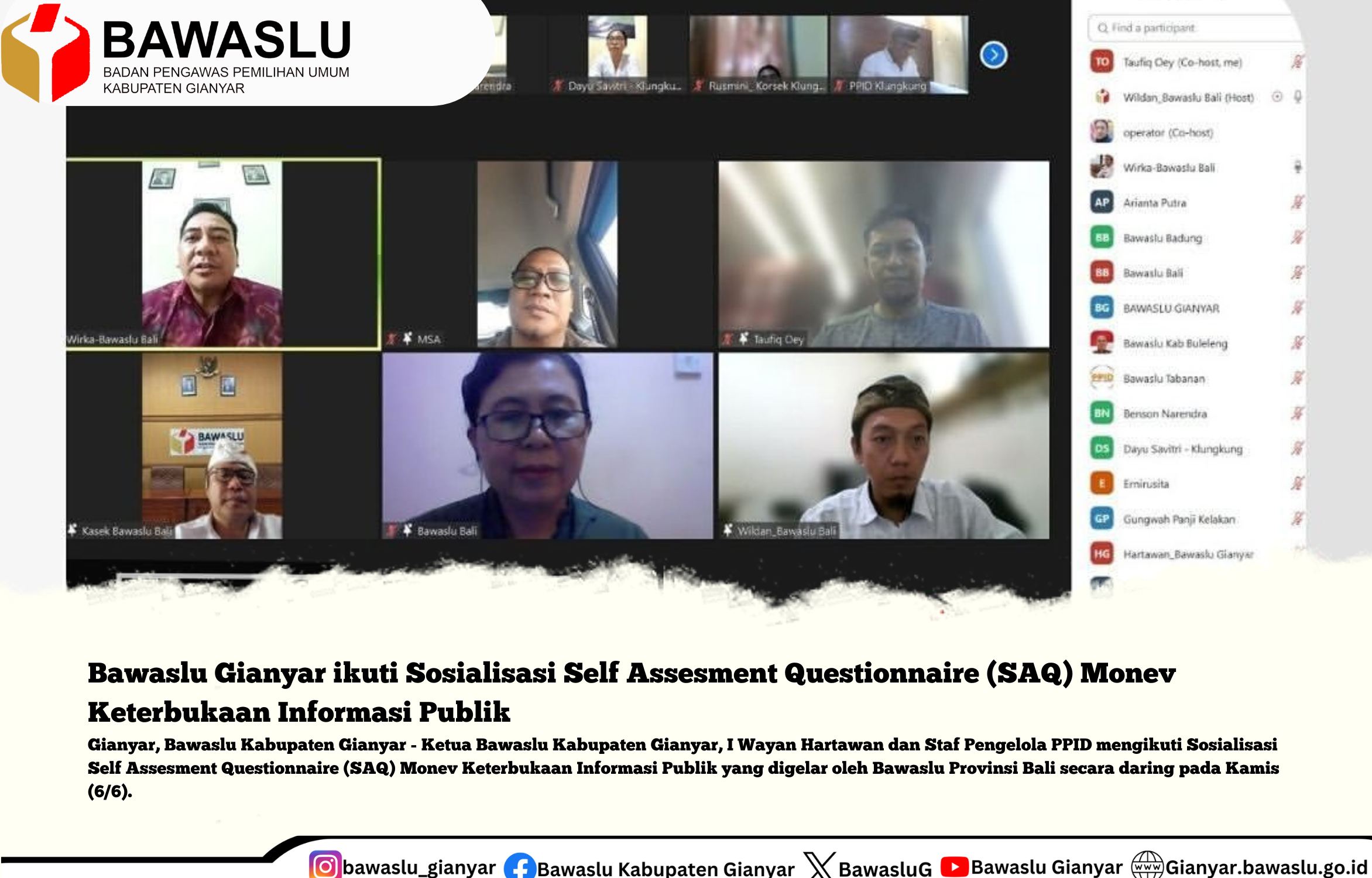 Bawaslu Gianyar ikuti Sosialisasi Self Assesment Questionnaire (SAQ) Monev Keterbukaan Informasi Publik