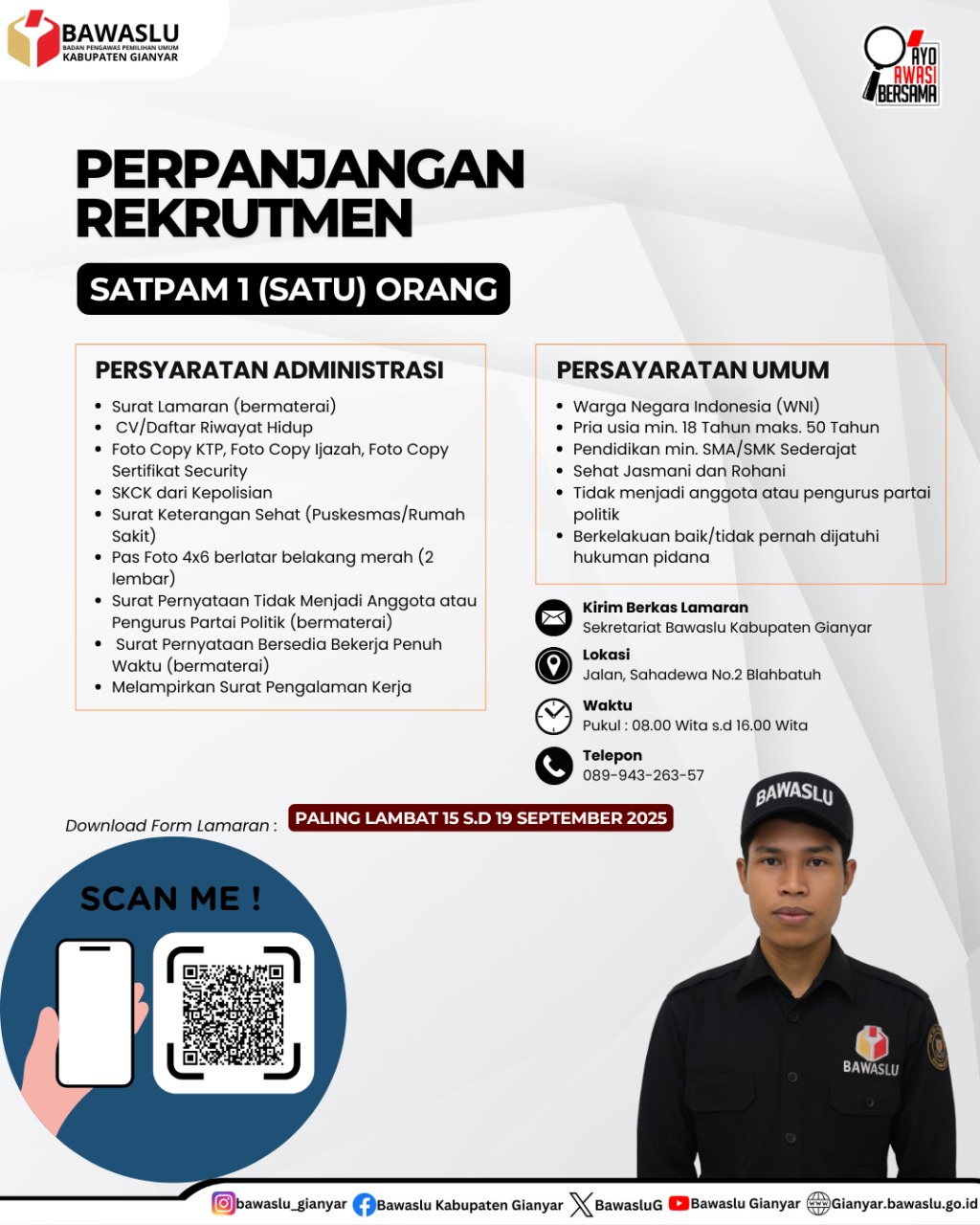 BAWASLU KABUPATEN GIANYAR MEMBUTUHKAN TENAGA ALIH DAYA SEBAGAI SATPAM SEBANYAK 1 (SATU) ORANG