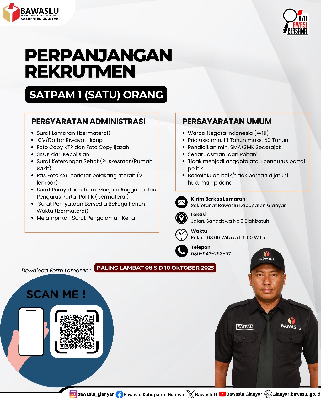 BAWASLU KABUPATEN GIANYAR MEMBUTUHKAN TENAGA ALIH DAYA SEBAGAI SATPAM SEBANYAK 1 (SATU) ORANG